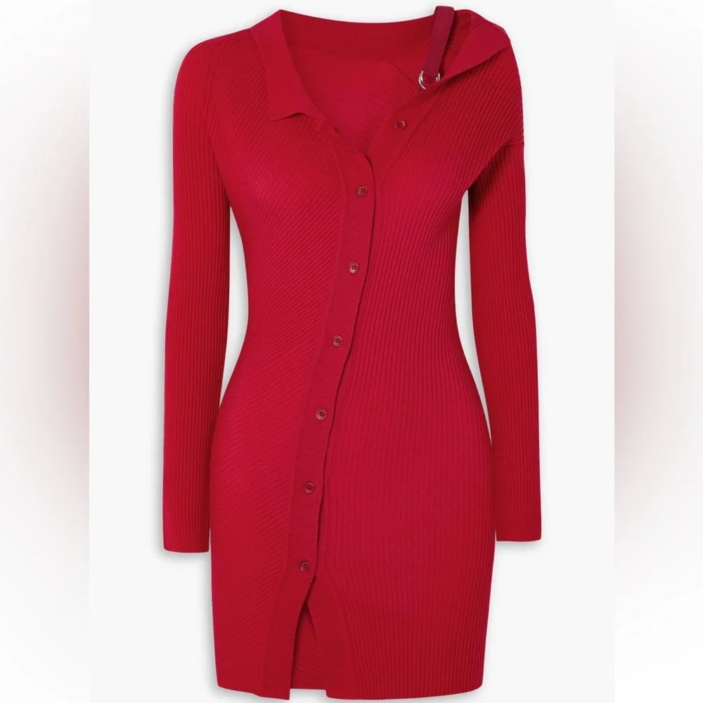 Jacquemus Red Ribbed Asymmetric Wool-Blend Dress - Picture 2 of 6